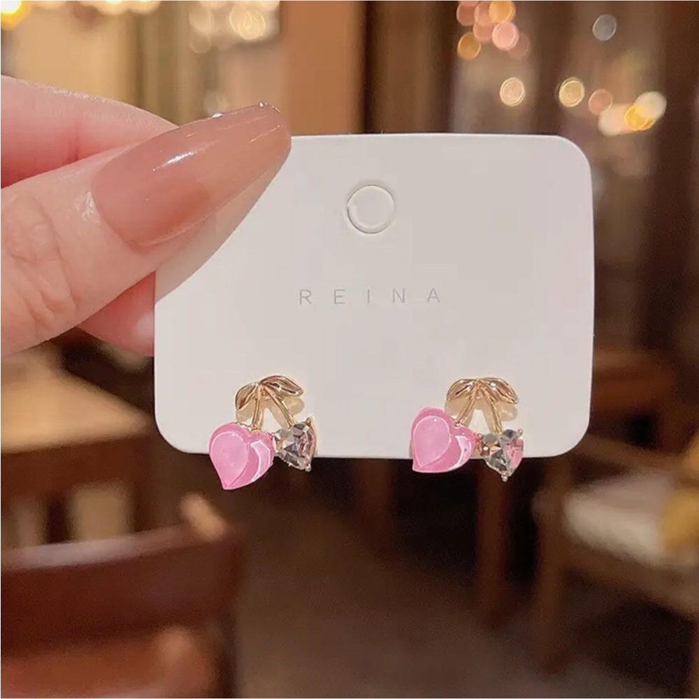Gold Filled Pink Heart CZ Cherry Earrings